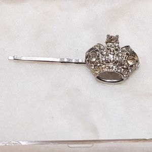 Vintage Hair Bobby Pin Silver Crown with Rhinestones